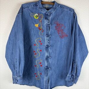 J. Jill Denim Asian Style Jacket Embroidered Floral and Dragon Size Large